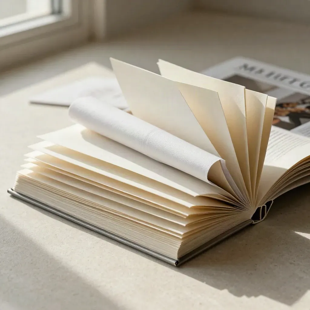Cream folded paper template kit with brushed metal spine on pale stone, softly lit from one side.
