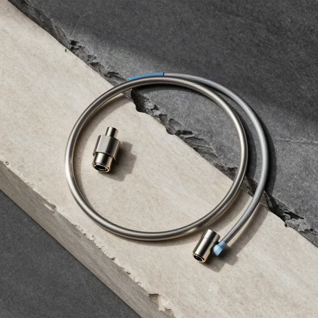 Brushed-metal cable kit on pale stone with subtle sky-blue accents