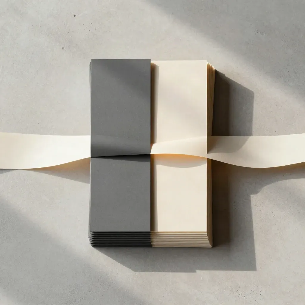 Overhead flatlay of layered email automation modules with paper arcs on concrete.
