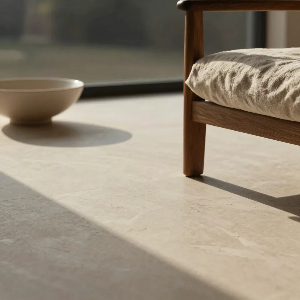 Sunlit pale marble terrace with oak chair edge, shallow bowl and calm copy space.